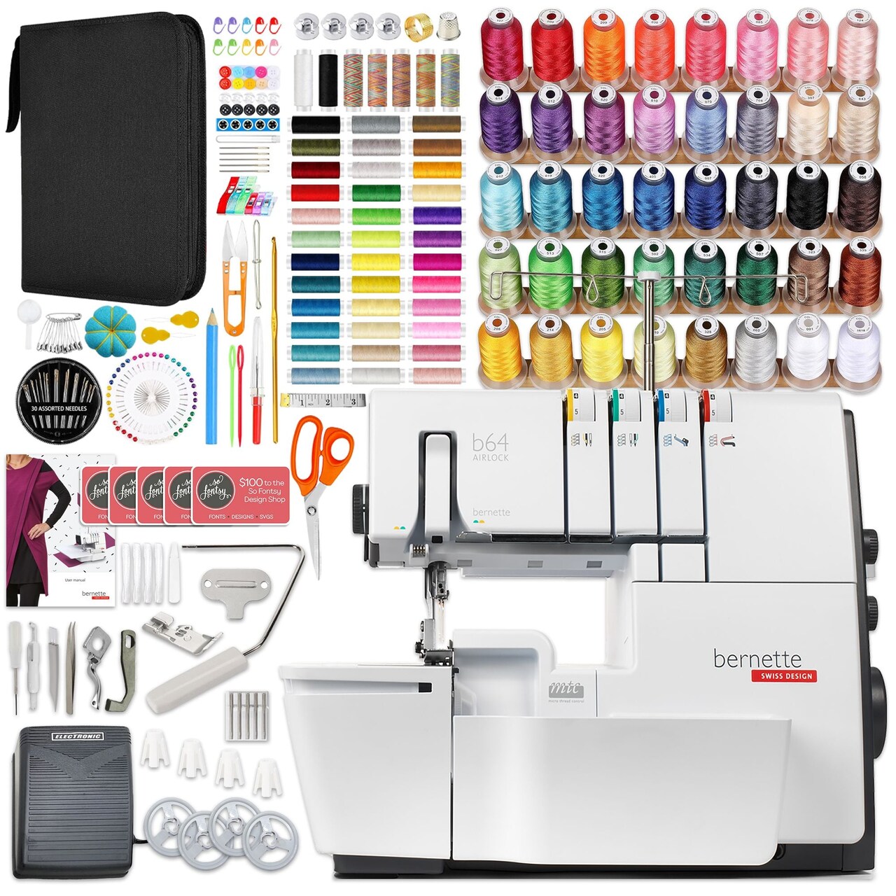 Bernette B64 Airlock Serger with Easy Air Threading & Deluxe Thread Bundle